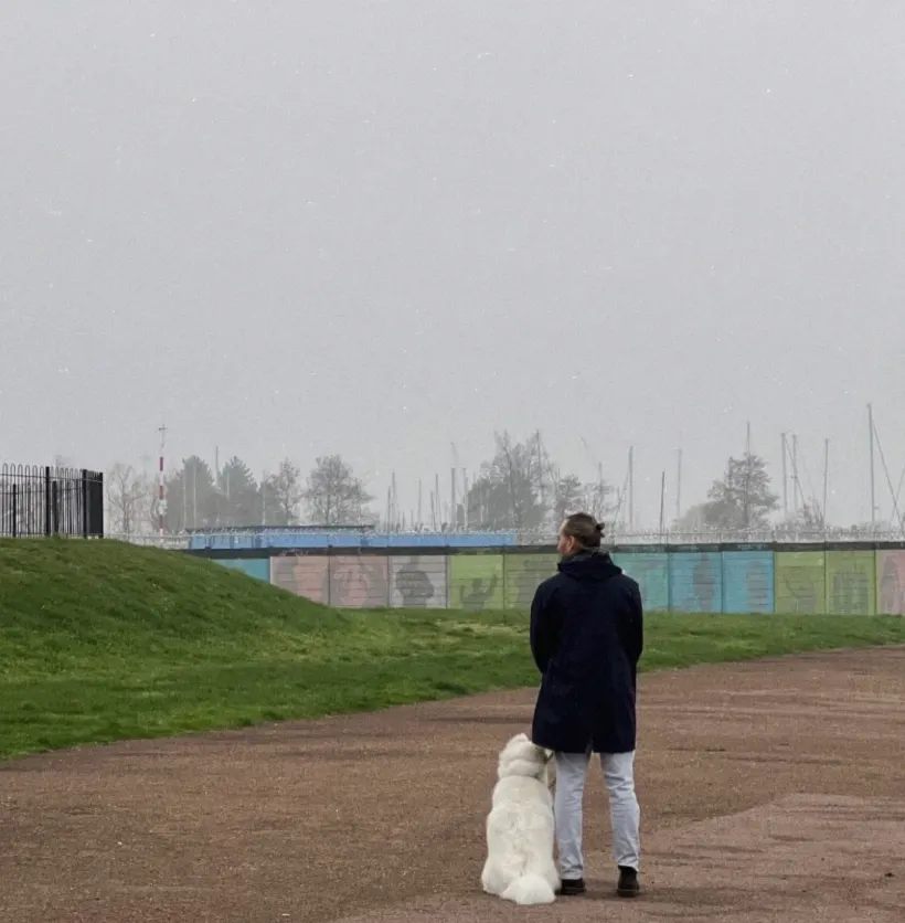 Michael walking his dog on a misty morning