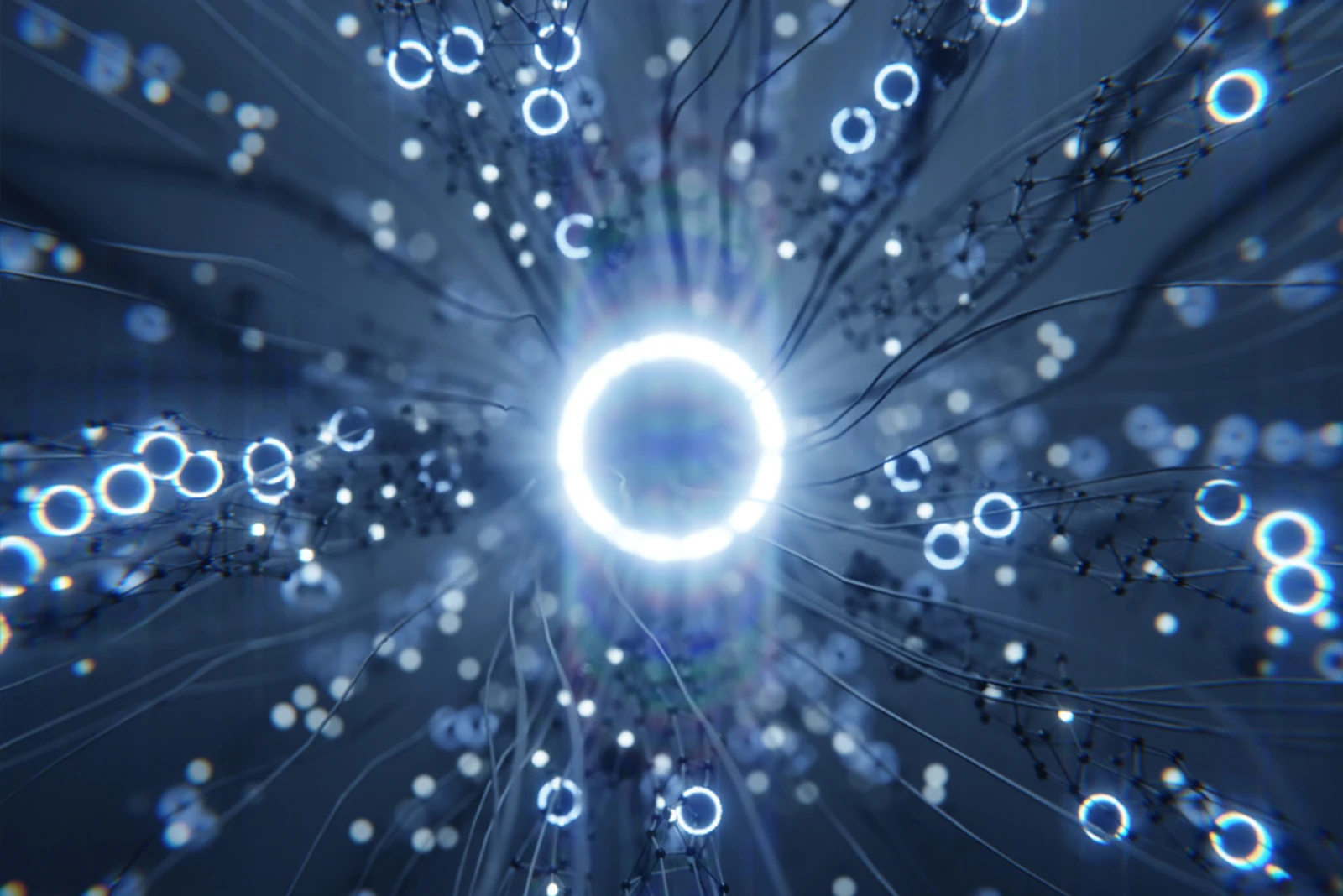 Abstract neural network visualisation showing connected glowing nodes on a dark background