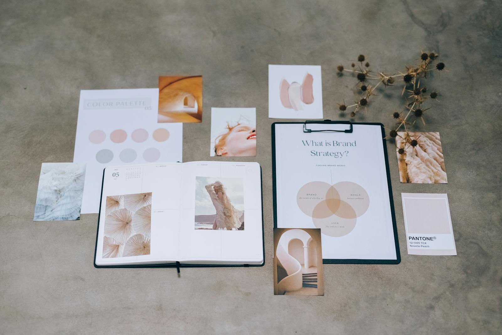 Brand strategy mood board flat-lay with colour palette, Pantone swatches and a brand-strategy document