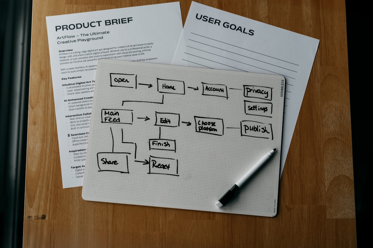 A hand-drawn flow diagram beside a product brief and user goals