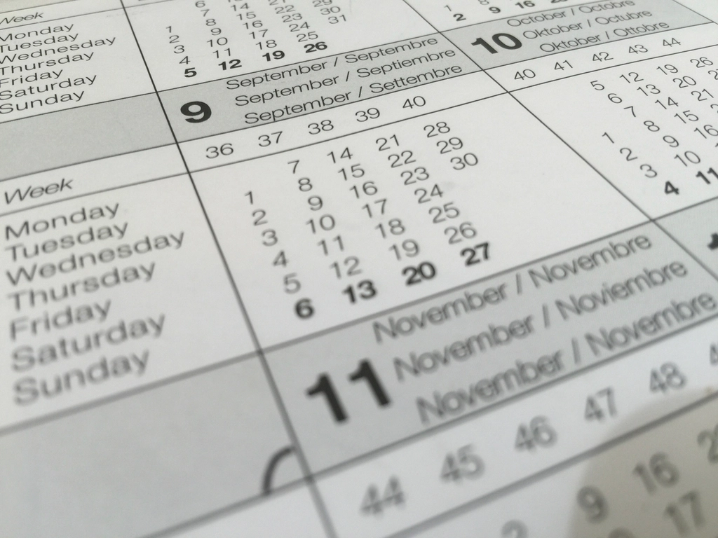 A wall calendar showing dates