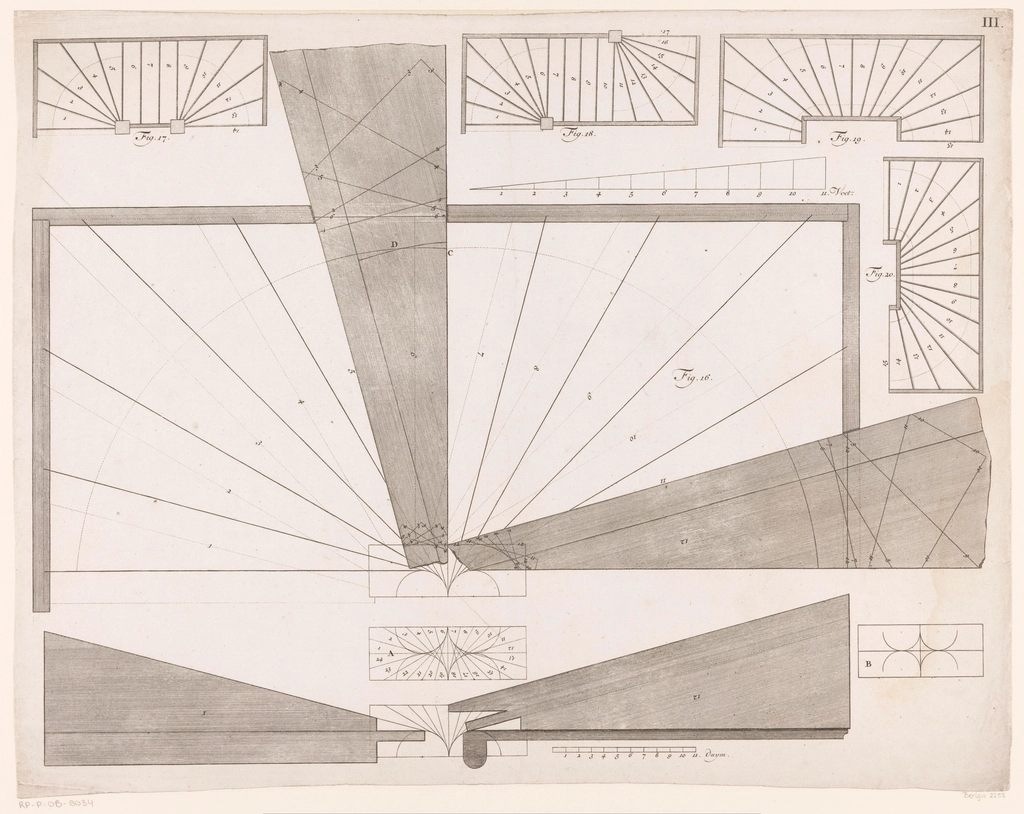 A technical architectural drawing of staircases