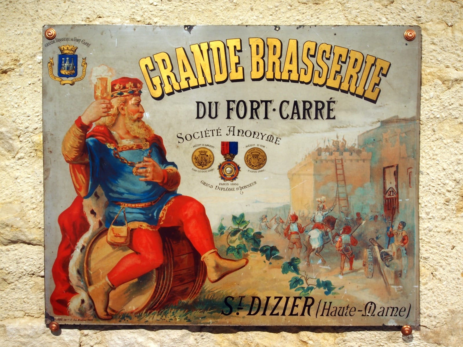 A vintage enamel advertising sign with an illustrated figure