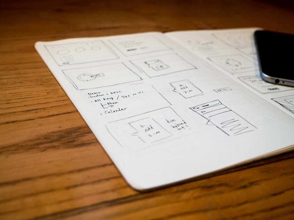 A hand-drawn wireframe on paper