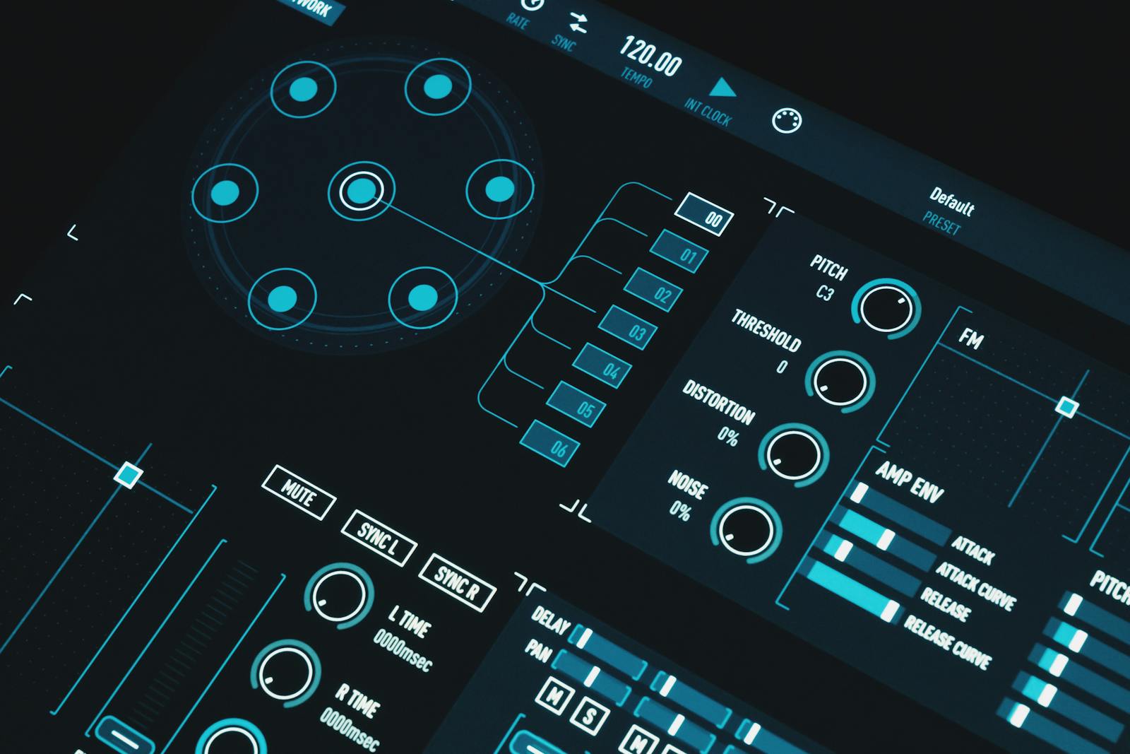 Close-up of a dark audio plugin interface with cyan dials, sliders and an envelope generator