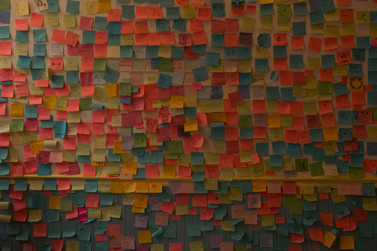 A wall covered in hundreds of colourful sticky notes from a user research session