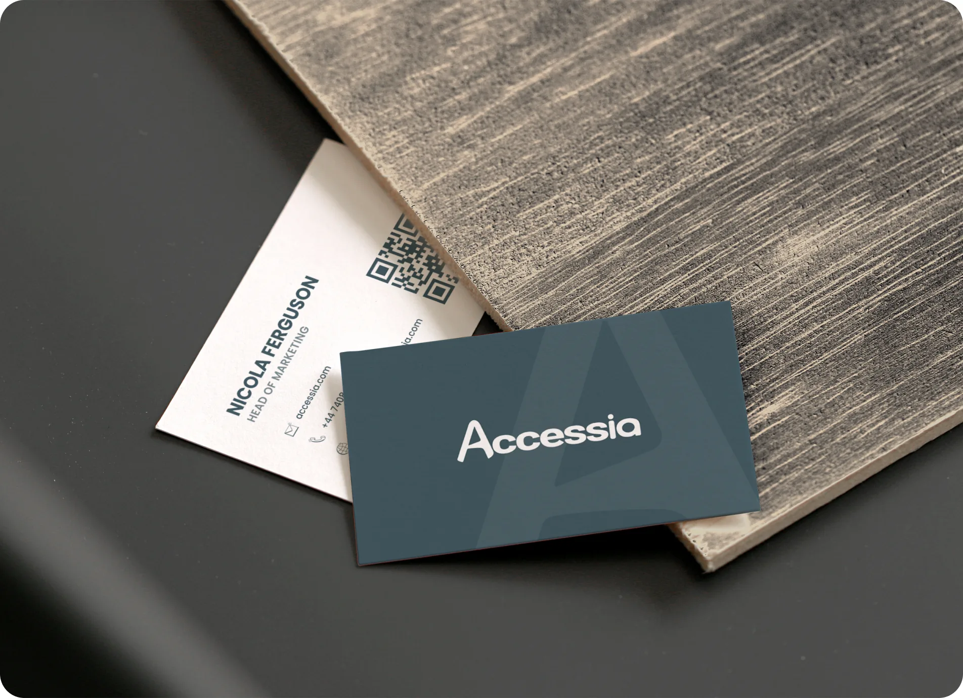 Accessia brand identity applied to business cards