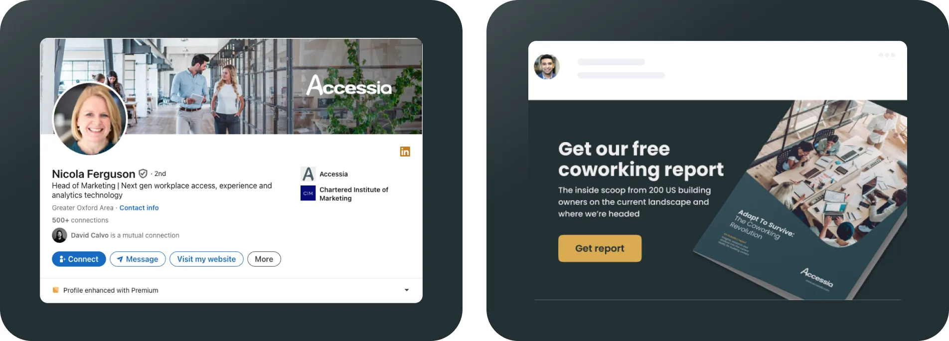 Accessia member profile and coworking report shown on tablets