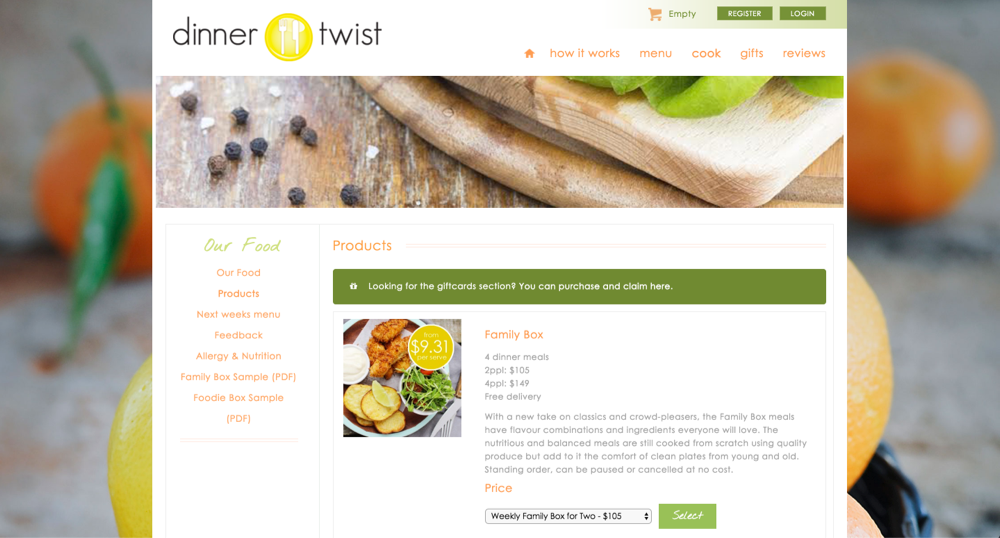 Dinner Twist website before