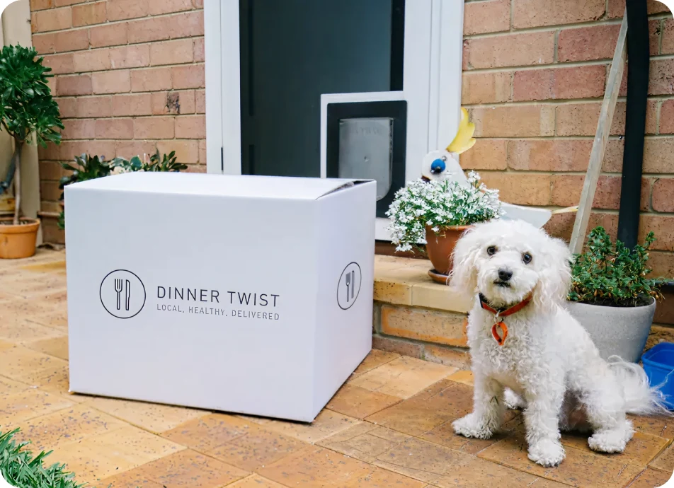 Dinner Twist delivery box on a doorstep with a dog