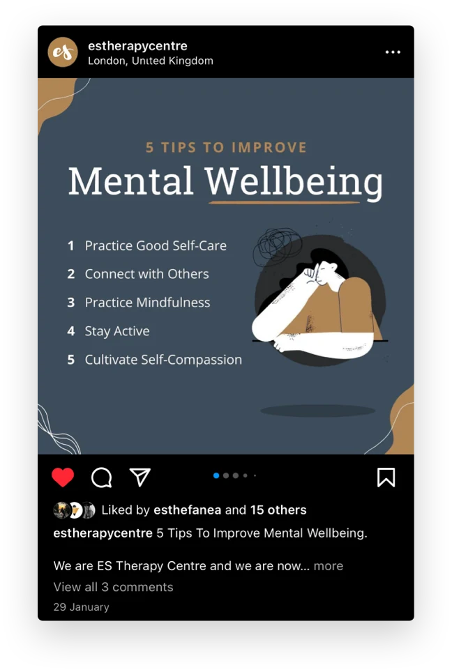 ES Therapy Centre Instagram post on improving mental wellbeing