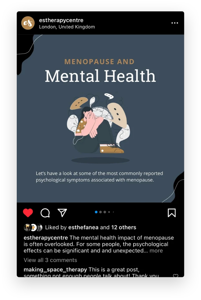 ES Therapy Centre Instagram post on menopause and mental health