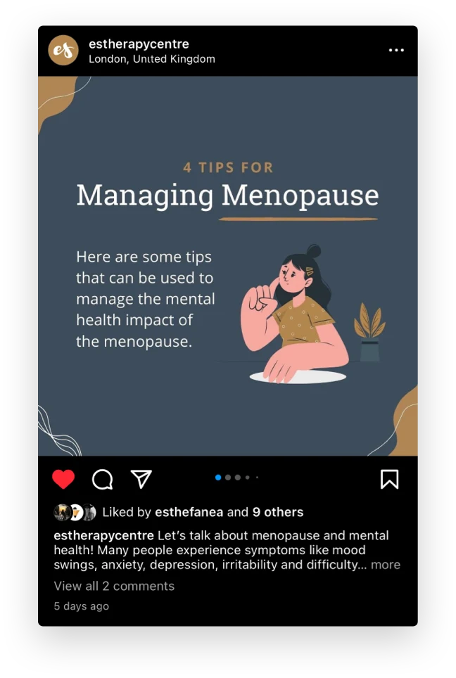ES Therapy Centre Instagram post on managing menopause