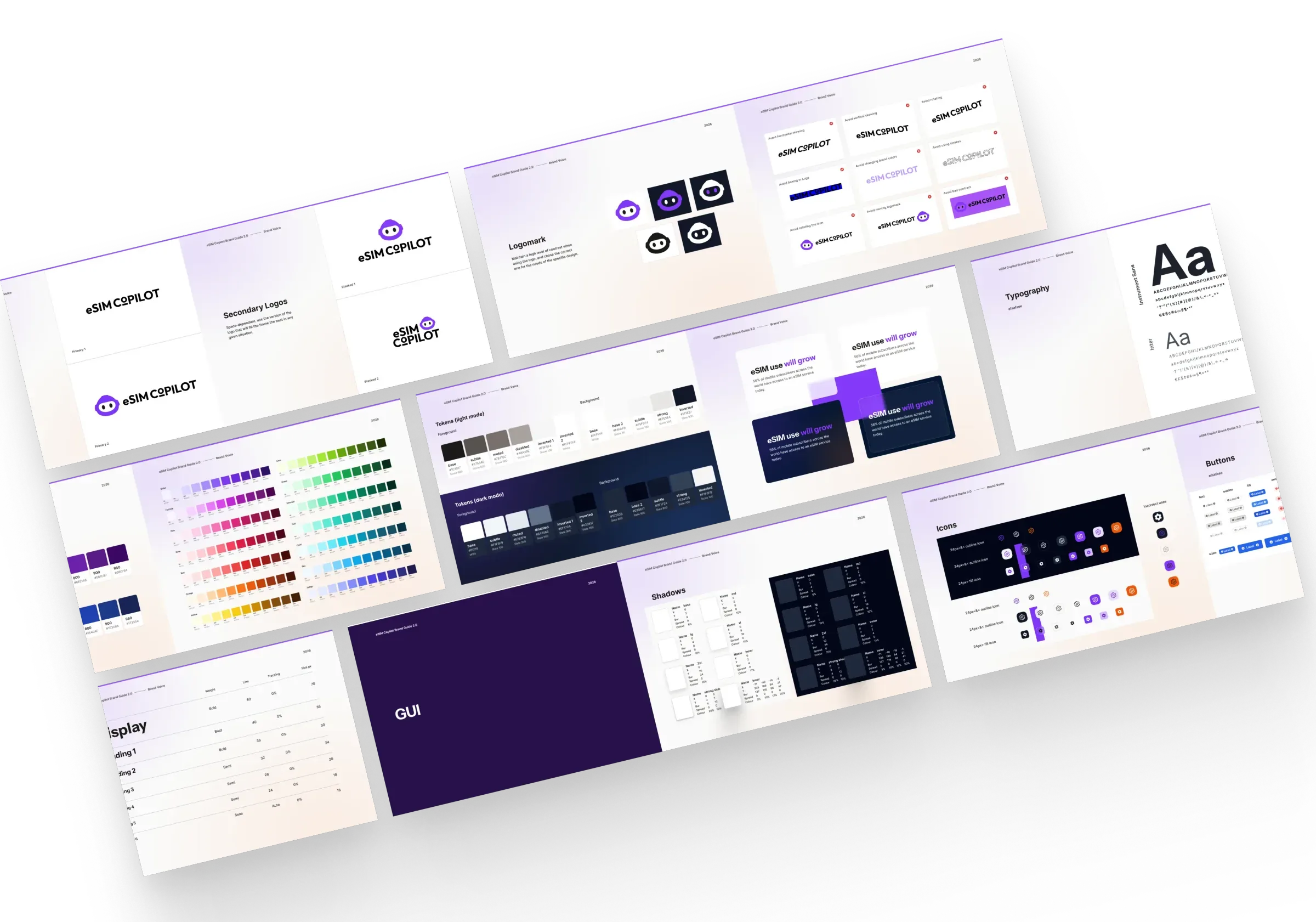 eSIM Copilot brand guidelines: logo, colour palette, typography and UI tokens