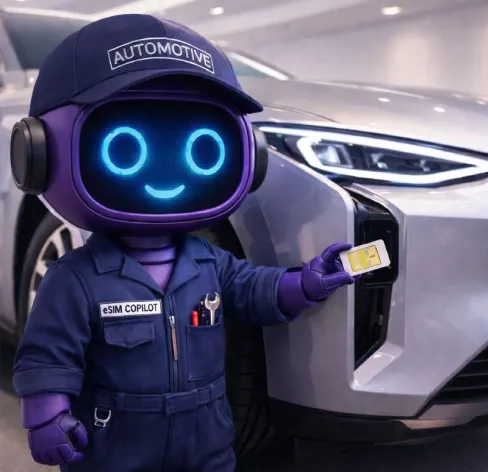 eSIM Copilot mascot in a connected-car campaign scene