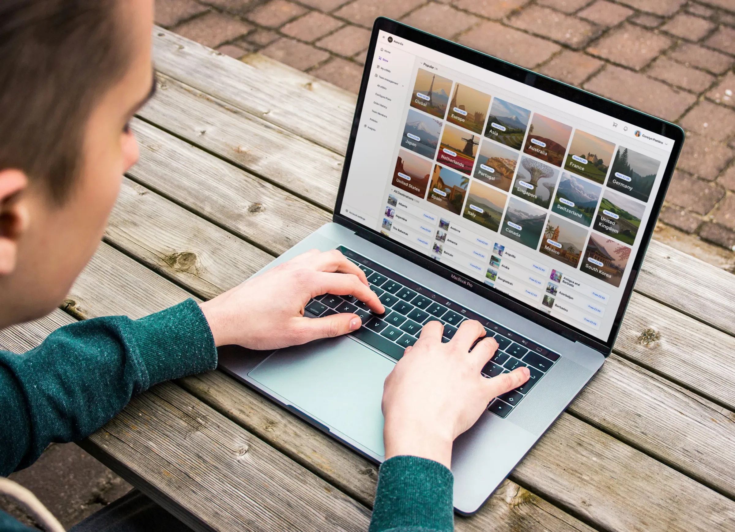 The eSIM Copilot store open on a laptop, browsing destination plans