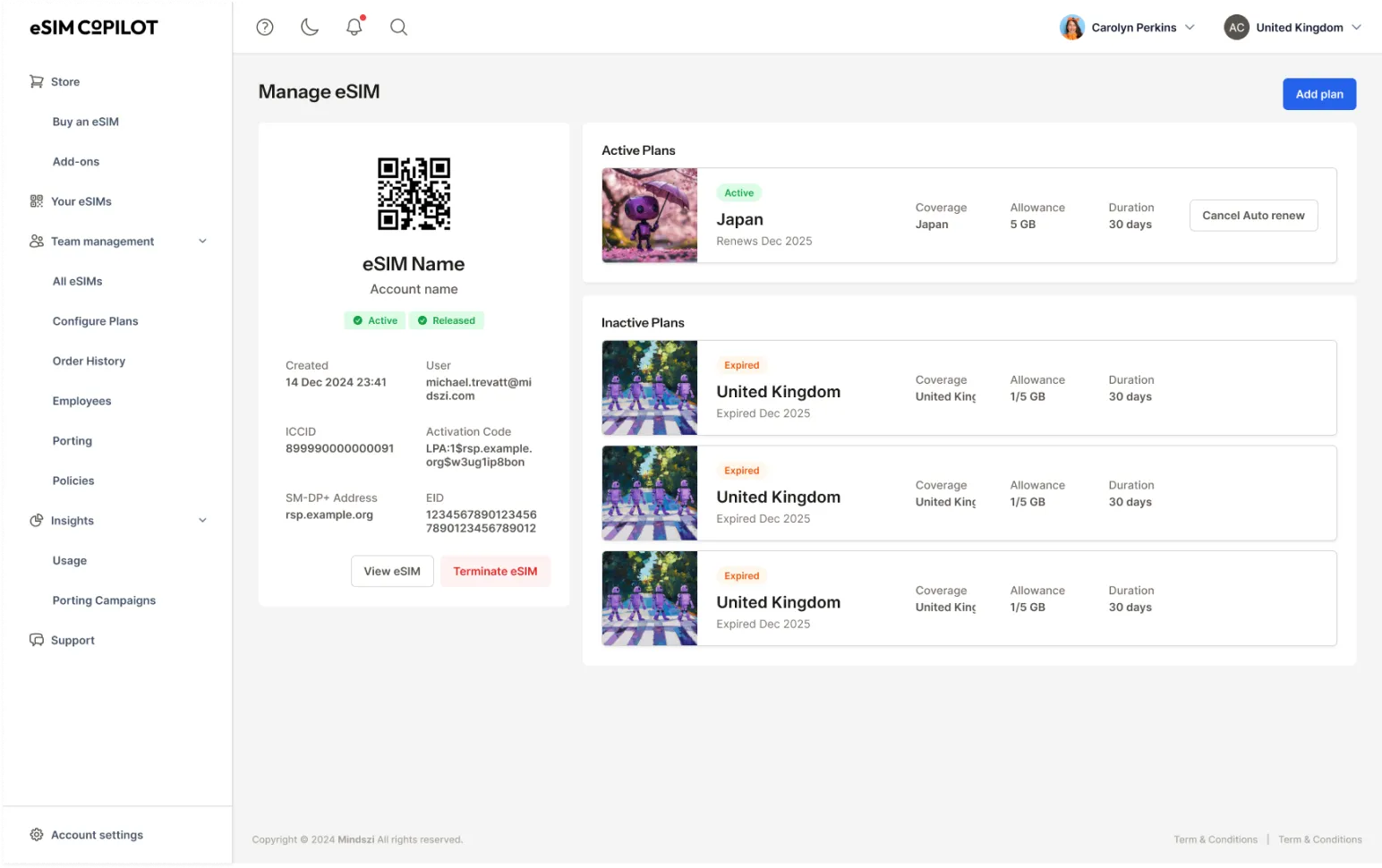 eSIM Copilot portal: manage, store, providers, policies and porting screens