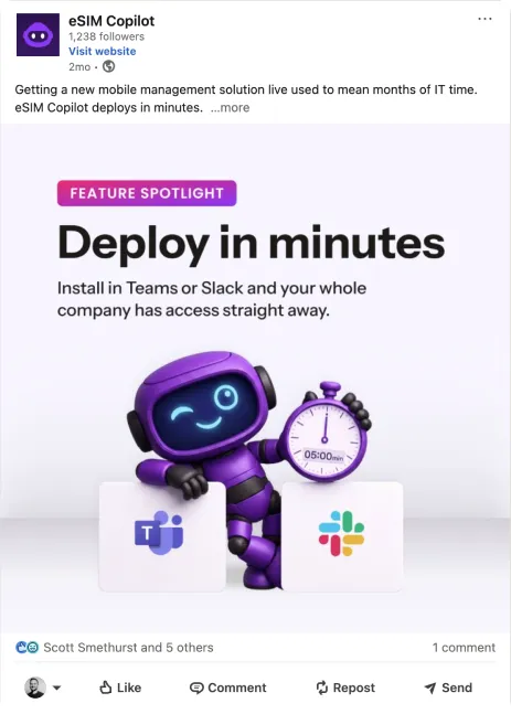 eSIM Copilot social post: deploy in minutes