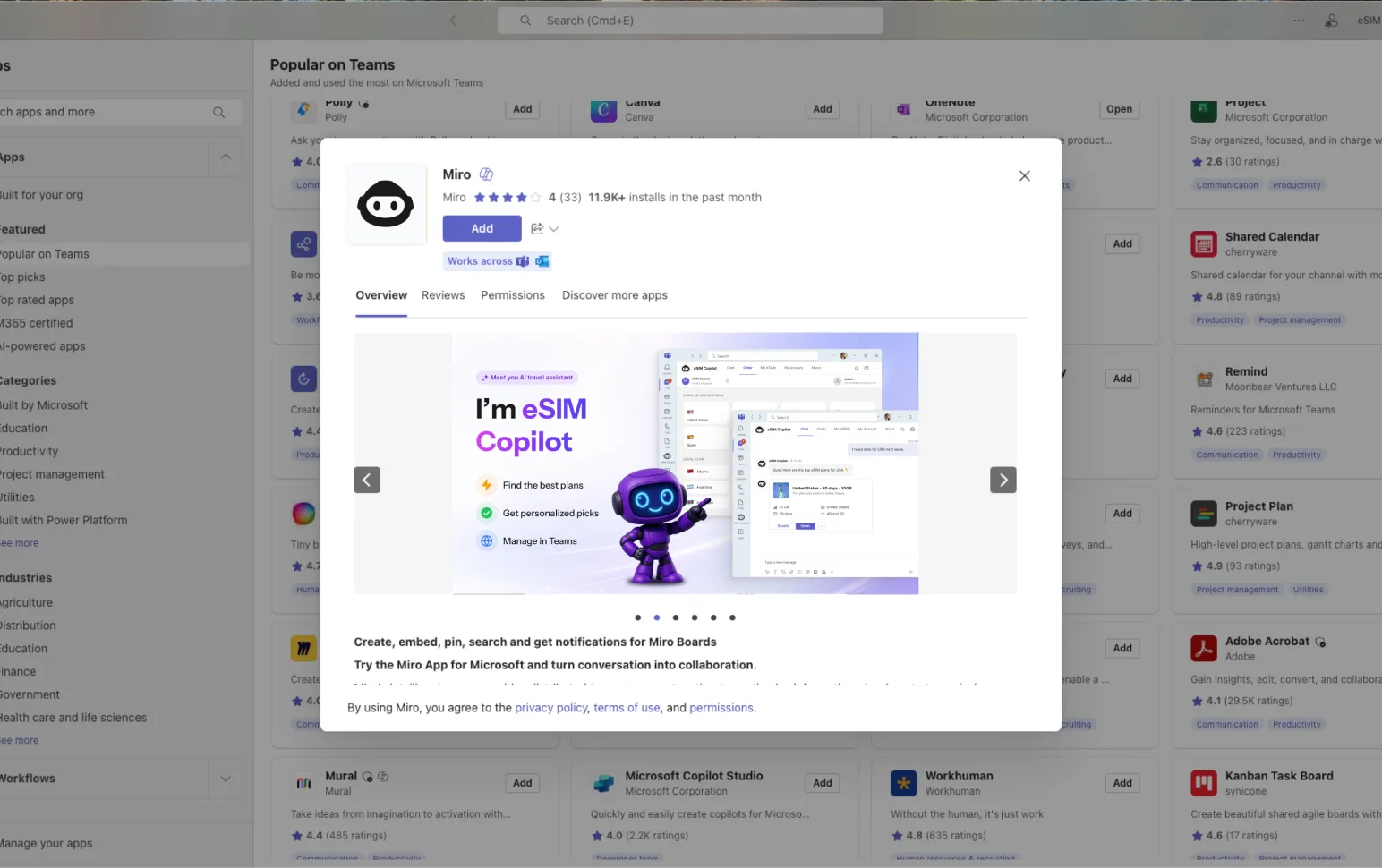 eSIM Copilot listing in the Microsoft Teams app store