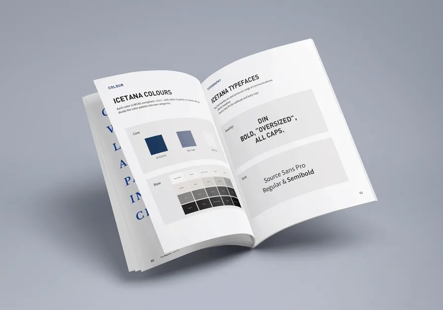 iCetana brand book showing the colour and typography system