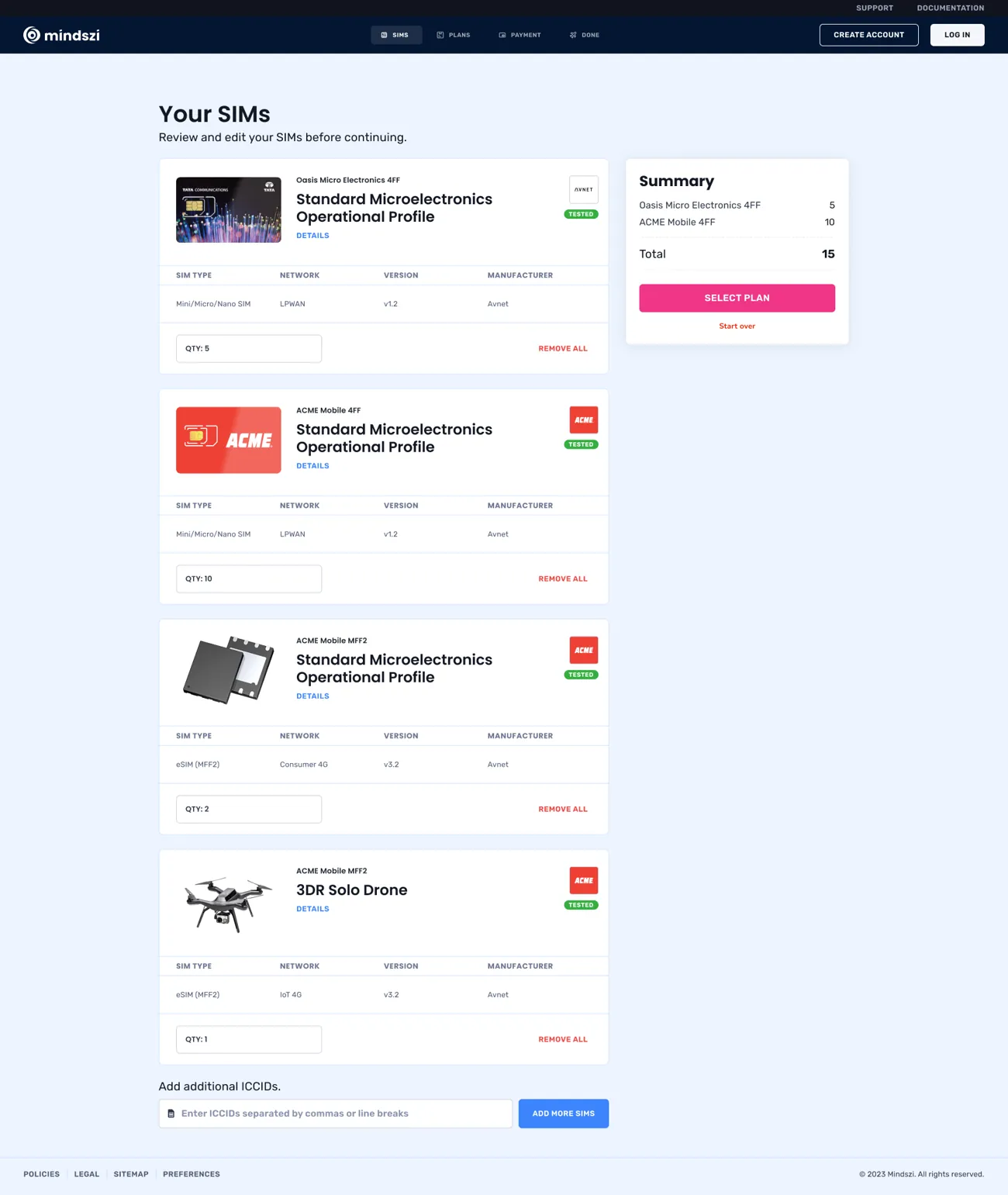 Mindszi eSIM portal: SIM management, payment and account screens