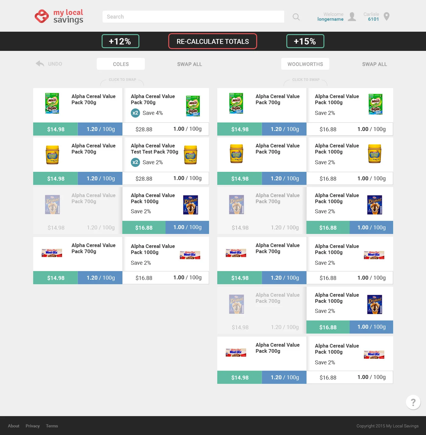 My Local Savings price comparison screen