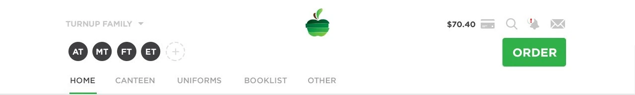 Our Online Canteen navigation for a family account
