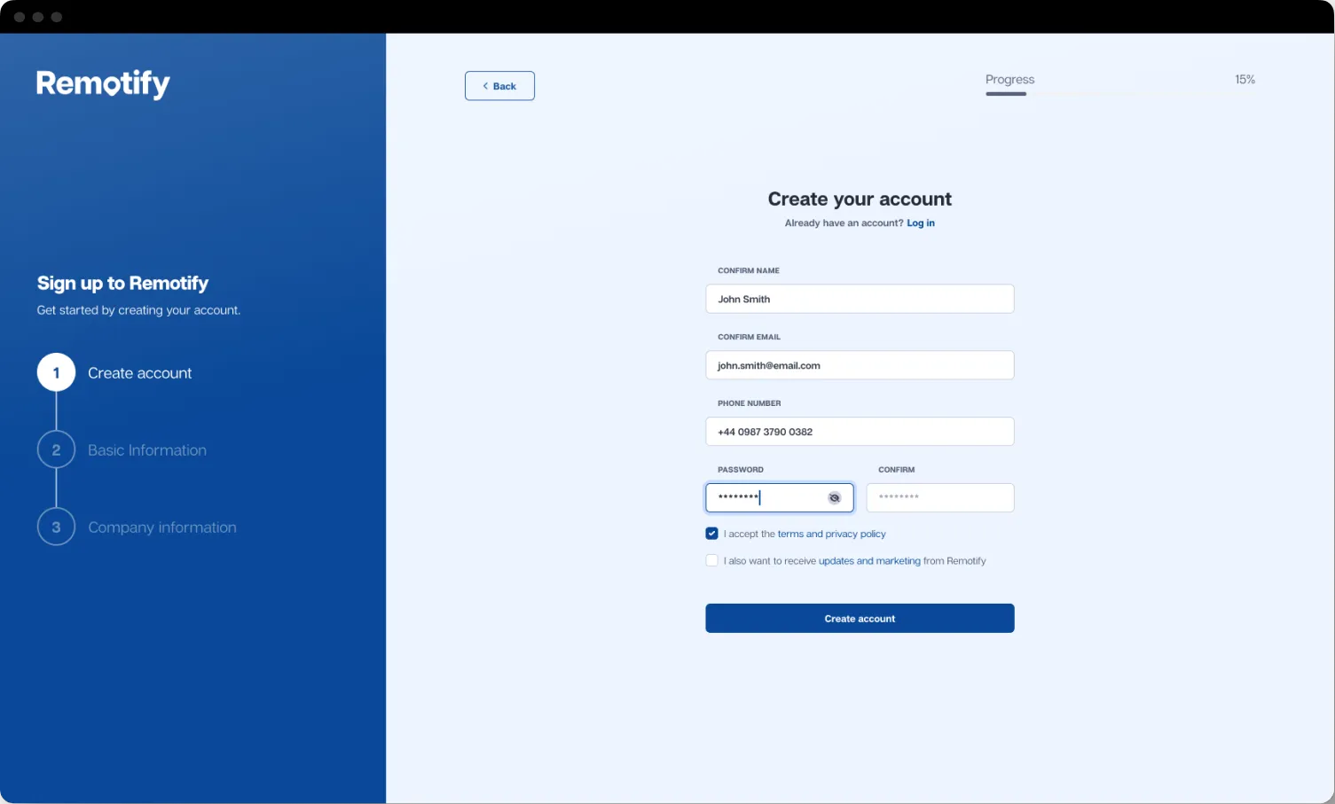 Remotify customer onboarding screen