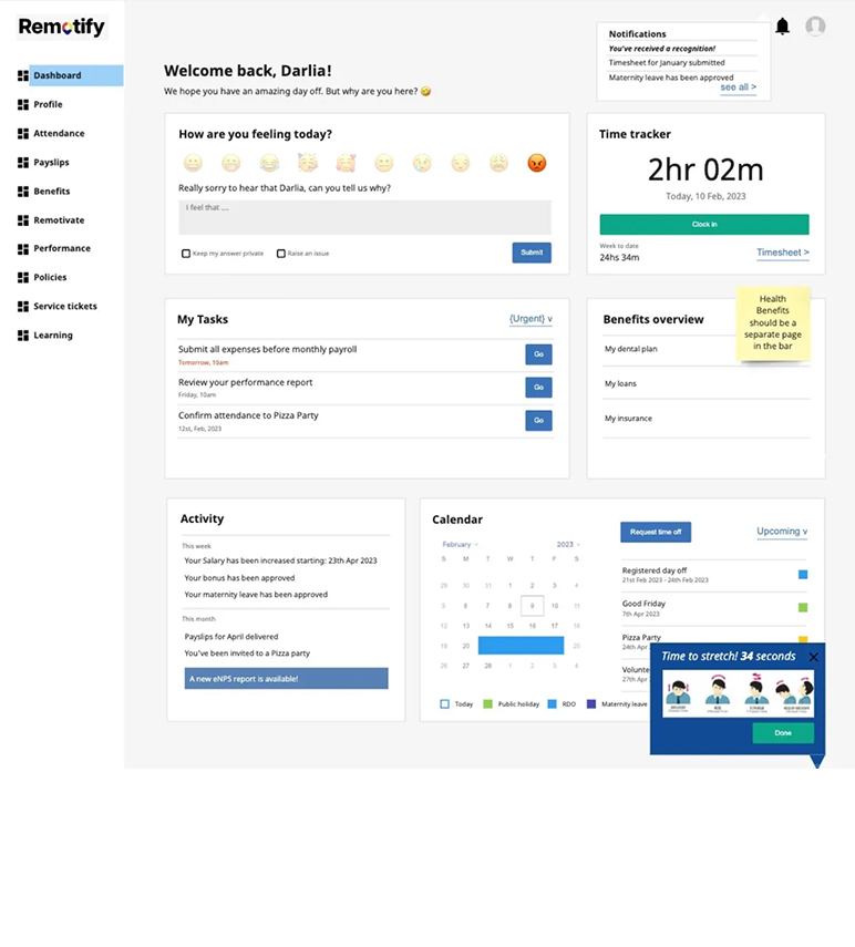 Employee dashboard wireframe