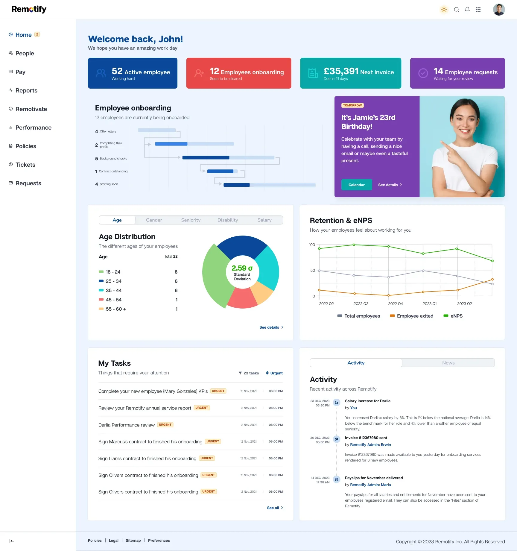 Remotify employer dashboard with onboarding, age distribution and eNPS
