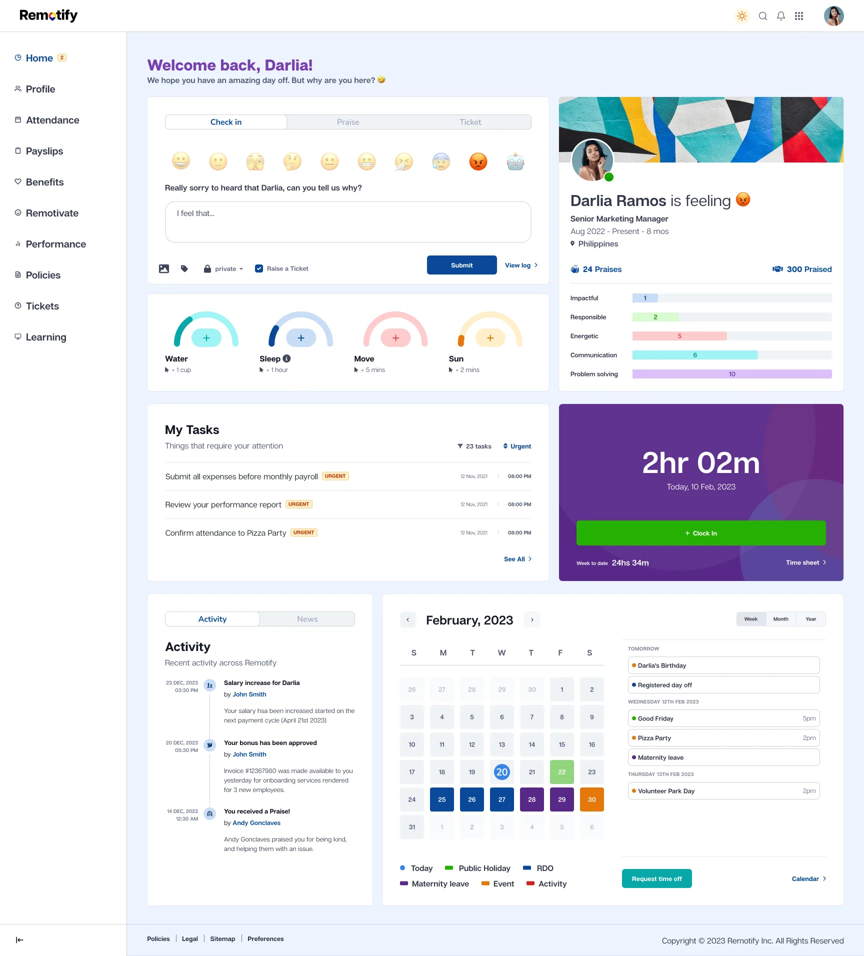 Remotify employee dashboard with a wellbeing check-in and tasks