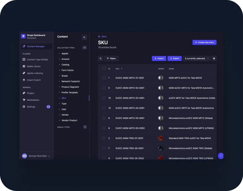 Tata Move admin dashboard listing SIM SKUs