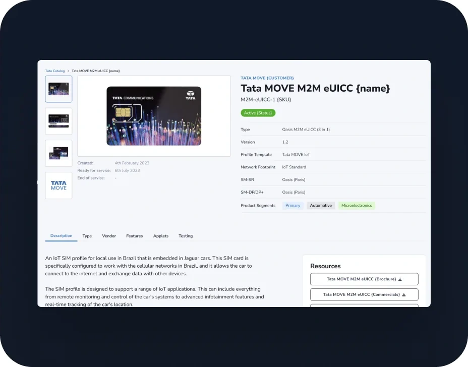 Tata Move M2M eUICC profile detail with linked resources