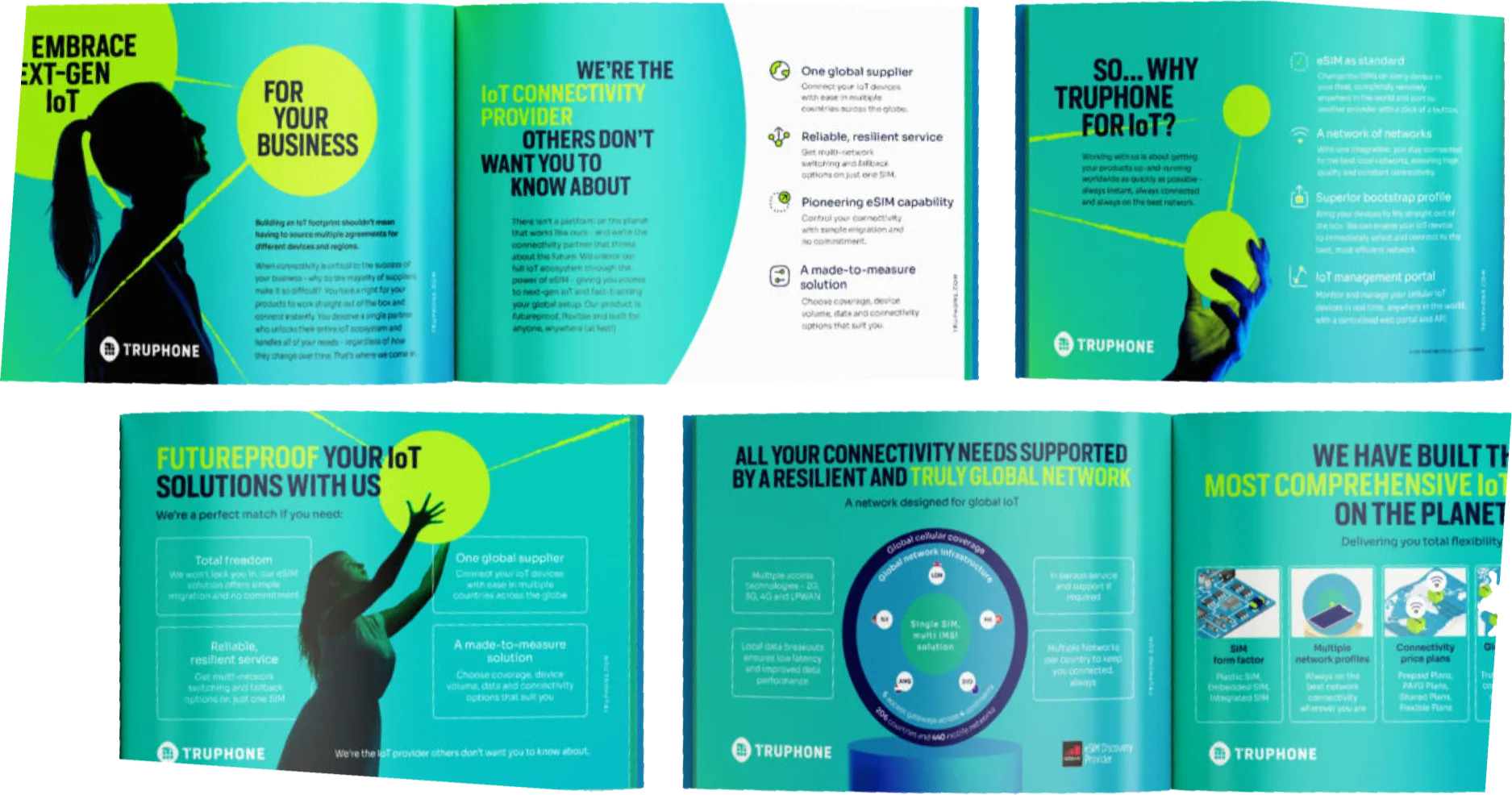 Truphone IoT brochure spreads in the secondary green palette