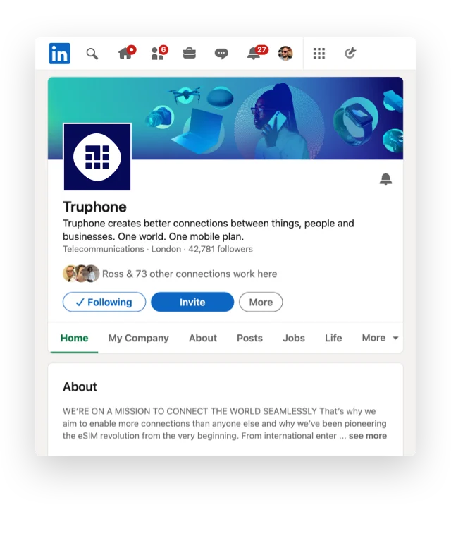 Truphone LinkedIn page applying the new brand